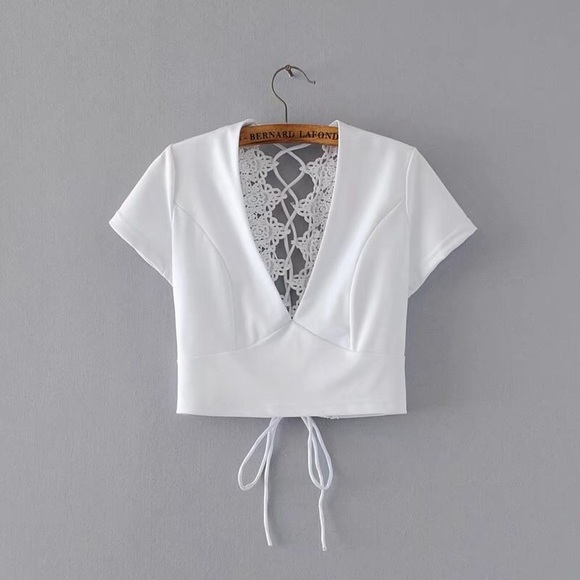 White Lace Up Back Crop Top - Picture 3 of 8